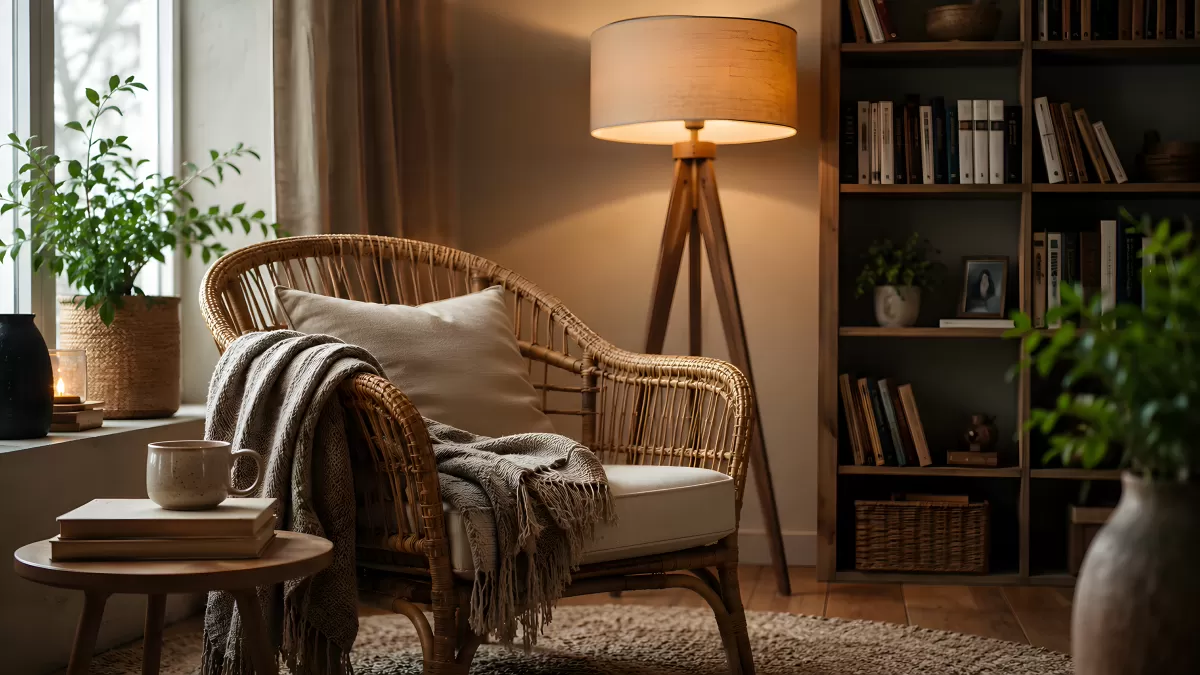 Gemütliche Leseecke mit Rattanstuhl und Bücherregal