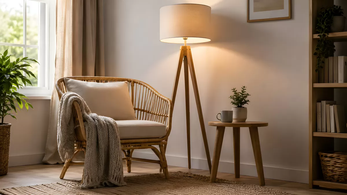 Gemütliche Leseecke mit Rattanstuhl und Stehlampe