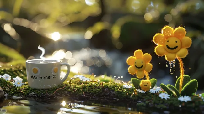 Gemütliche Morgenzeit mit Tasse und glücklichen Blumen