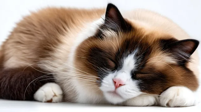 Gemütliche Ragdoll-Katze im Tiefschlaf auf weißem Grund