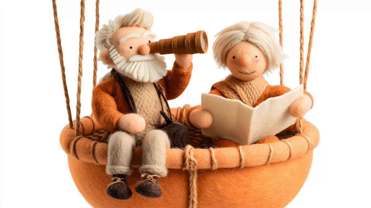 Gemütliche Rentner-Figuren in Heißluftballon