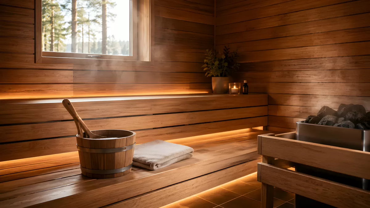 Gemütliche Sauna mit Holzbänken und Kiuas aus Finnland