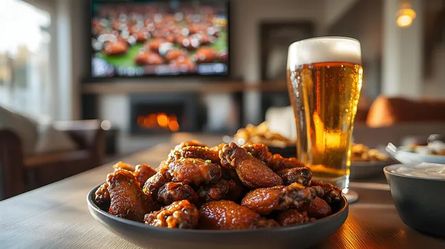 Gemütliche Super Bowl Party mit Bier und Chicken Wings