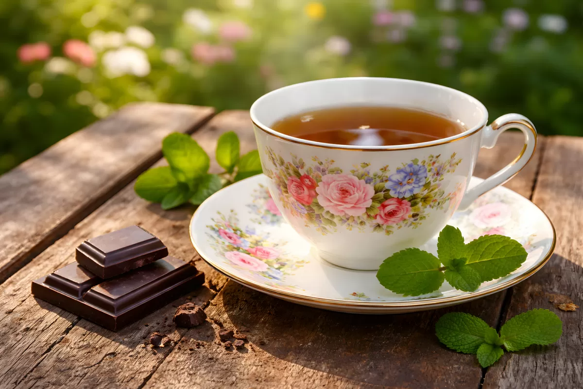 Gemütliche Teezeit mit Schokolade im Garten