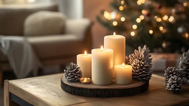 Gemütliche Weihnachtsdeko mit Kerzen und Tannenzapfen