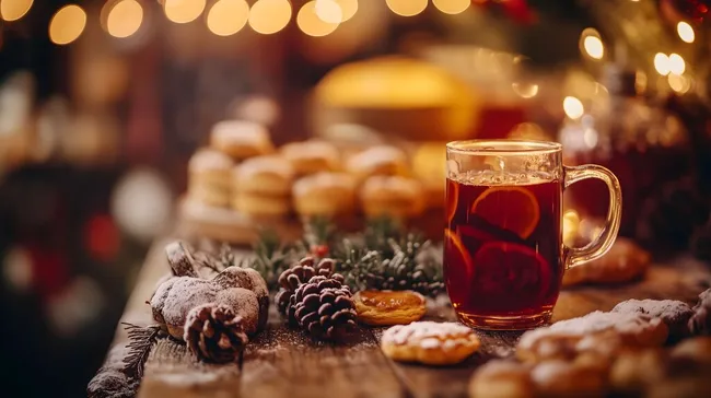 Gemütliche Weihnachtsecke mit Glühwein und Gebäck