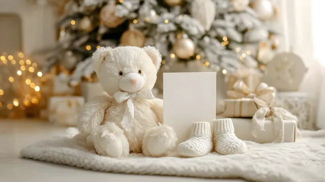 Gemütliche Weihnachtsszene mit Plüschtier und Geschenken