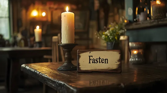 Gemütliche Winteratmosphäre mit Holzschild und Kerzenlicht