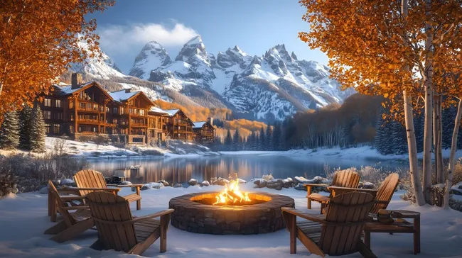 Gemütliche Winteridylle am gefrorenen See mit Feuerstelle