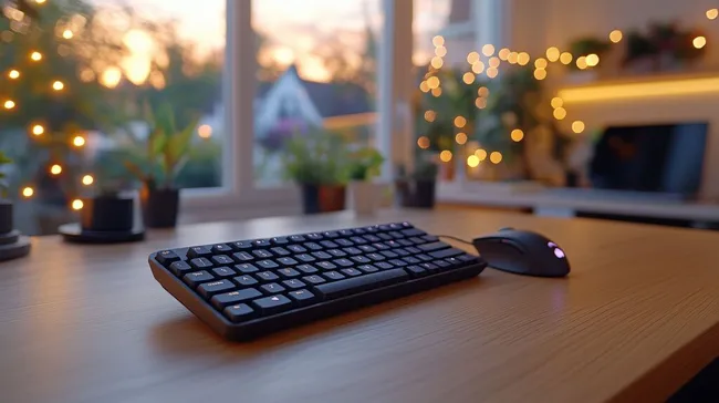 Gemütlicher Arbeitsplatz mit Lichterketten-Atmosphäre