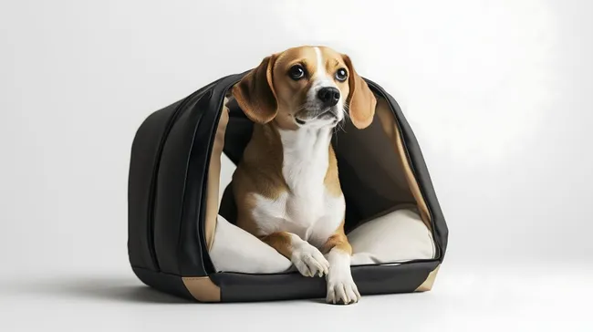 Gemütlicher Beagle in modischer Hundetasche