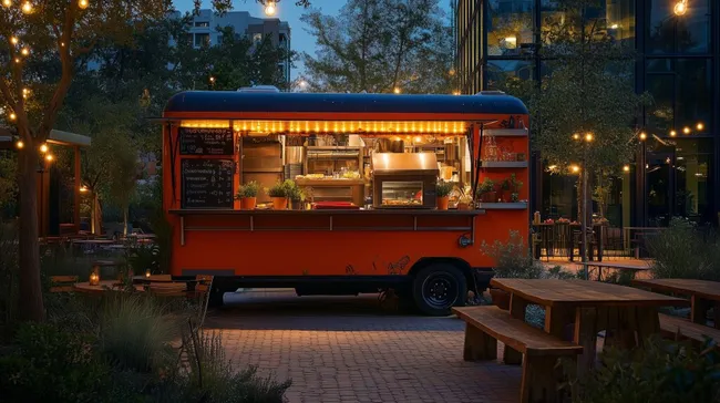 Gemütlicher Food-Truck mit Lichterketten im Park