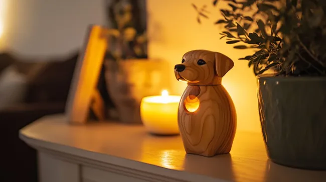 Gemütlicher Holzhund mit Kerze in dunkler Innenszene