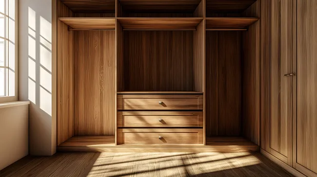 Gemütlicher Holzkleiderschrank mit warmer Beleuchtung