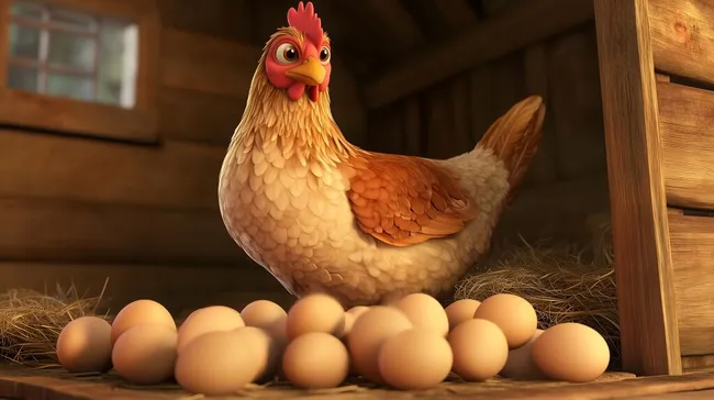 Gemütlicher Hühnerstall mit Eiern und Stroh