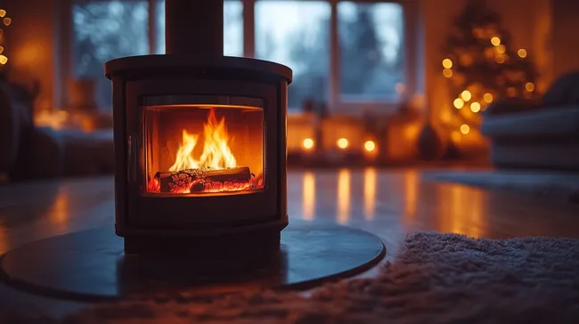 Gemütlicher Kamin mit flackernden Flammen in romantischer Winteratmosphäre