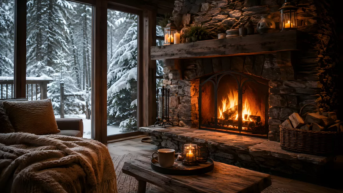 Gemütlicher Kaminofen im Winterchalet mit Schneeblick