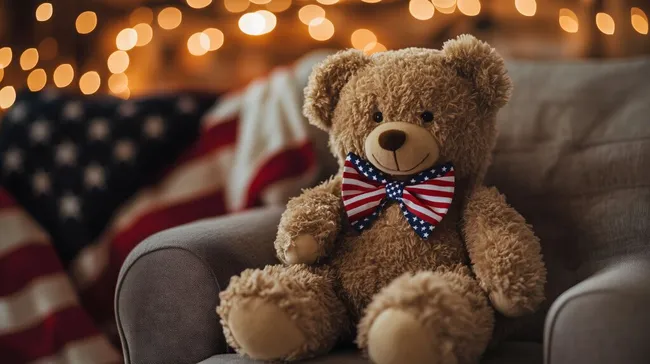 Gemütlicher Teddybär mit US-Schleife vor Weihnachtsbeleuchtung