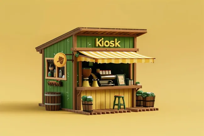 Gemütlicher Verkaufsstand mit Holzelementen und Pflanzen