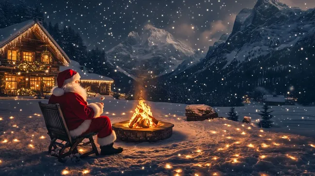 Gemütlicher Weihnachtsabend am verschneiten Bergfeuer