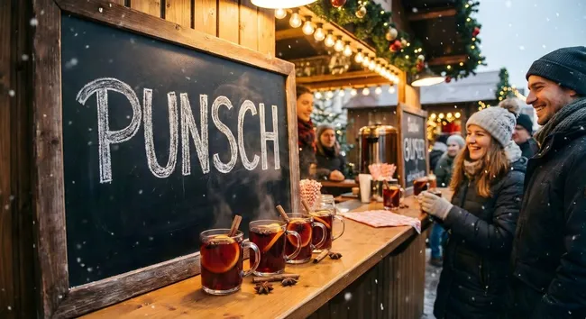 Gemütlicher Weihnachtsmarktstand mit heißem Punsch