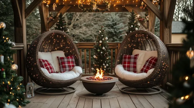 Gemütlicher Wintergarten mit Weihnachtsdekor und Feuerstelle