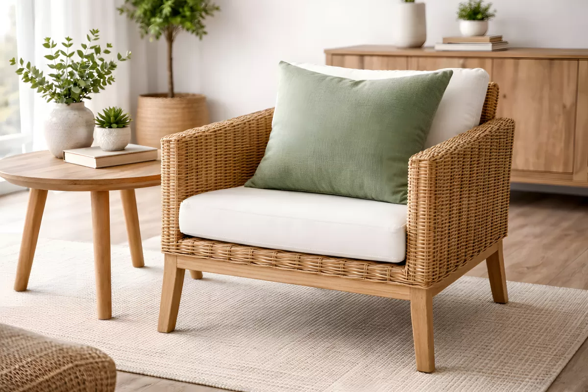 Gemütlicher Wohnzimmer-Lesebereich mit Rattanmöbeln kostenlos herunterladen