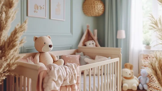 Gemütliches Babyzimmer mit Pastelltönen und Kuscheltieren
