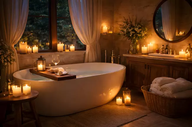 Gemütliches Badezimmer-Ambiente mit Kerzenlicht
