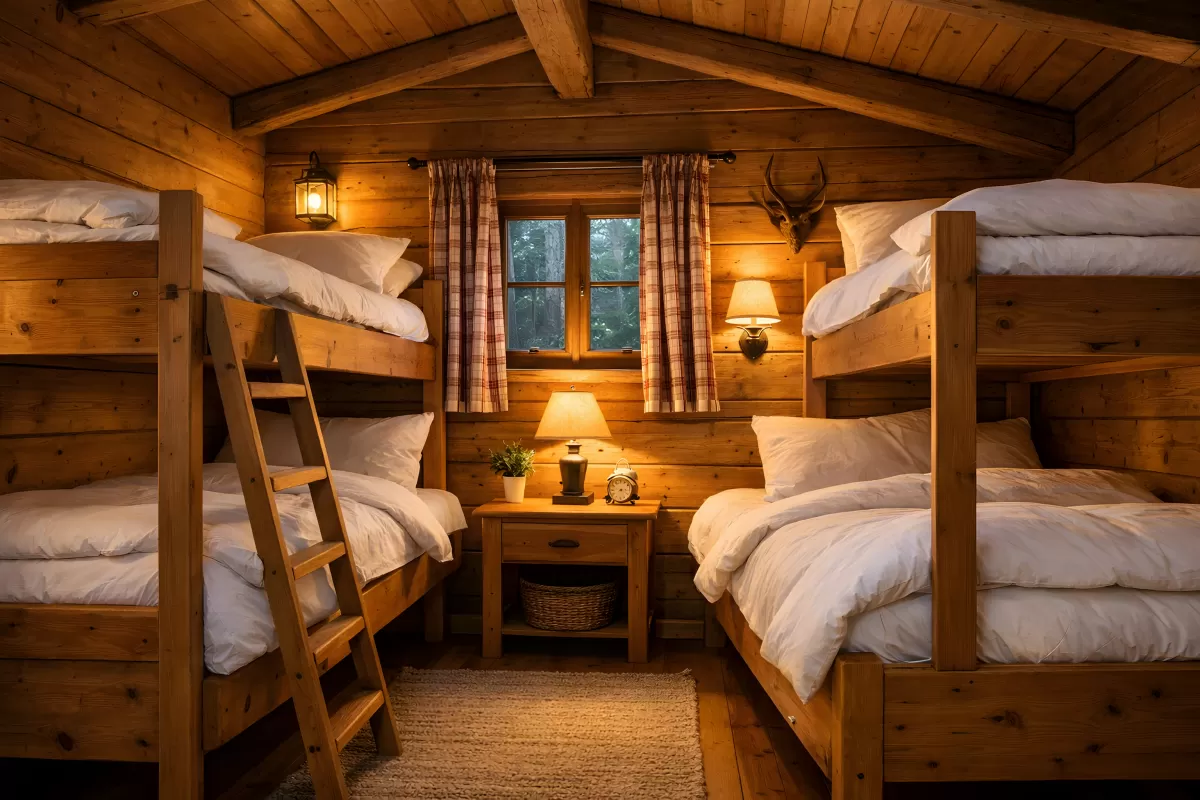 Gemütliches Blockhausinterieur mit Stockbetten