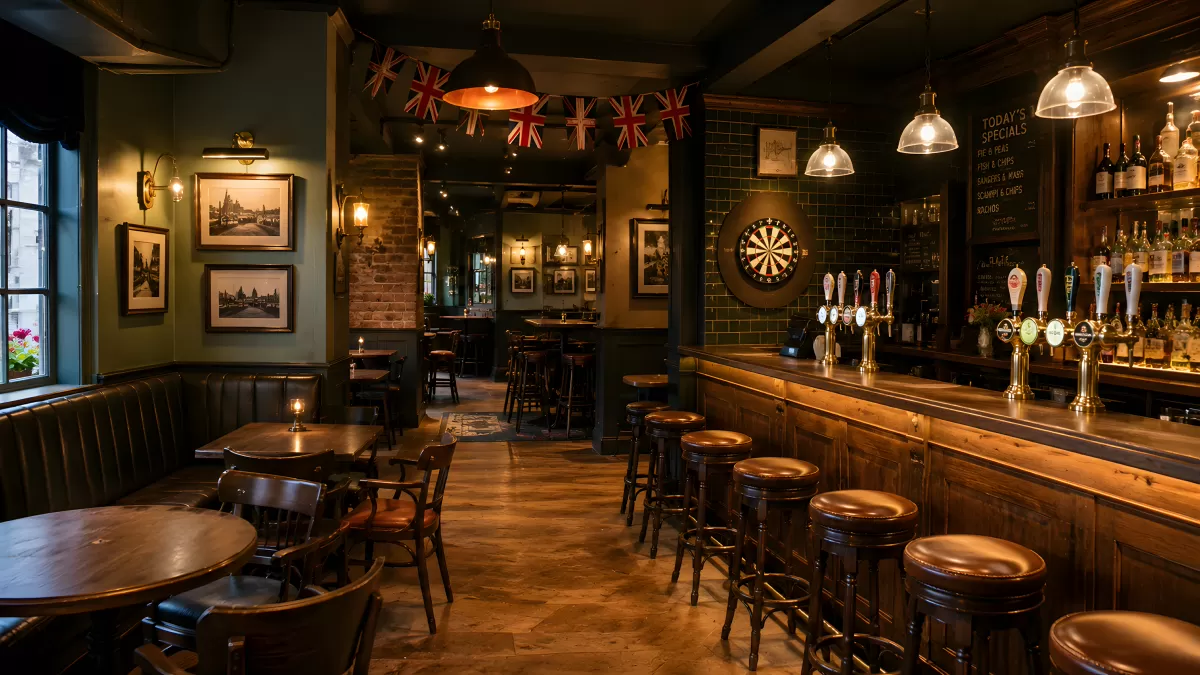 Gemütliches britisches Pub mit Dartscheibe und Zapfhähnen