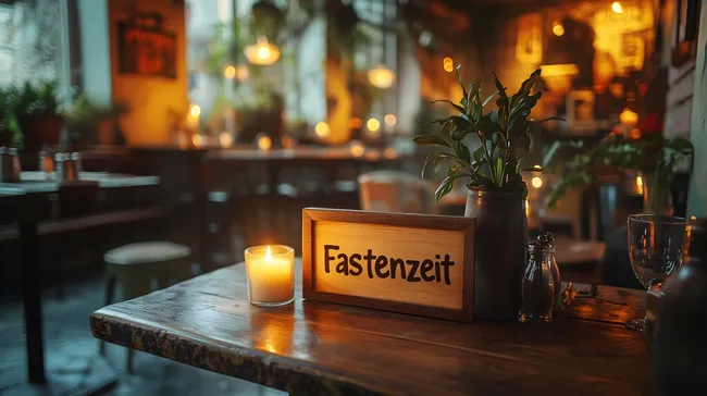 Gemütliches Café-Interieur mit Fasten-Hinweis