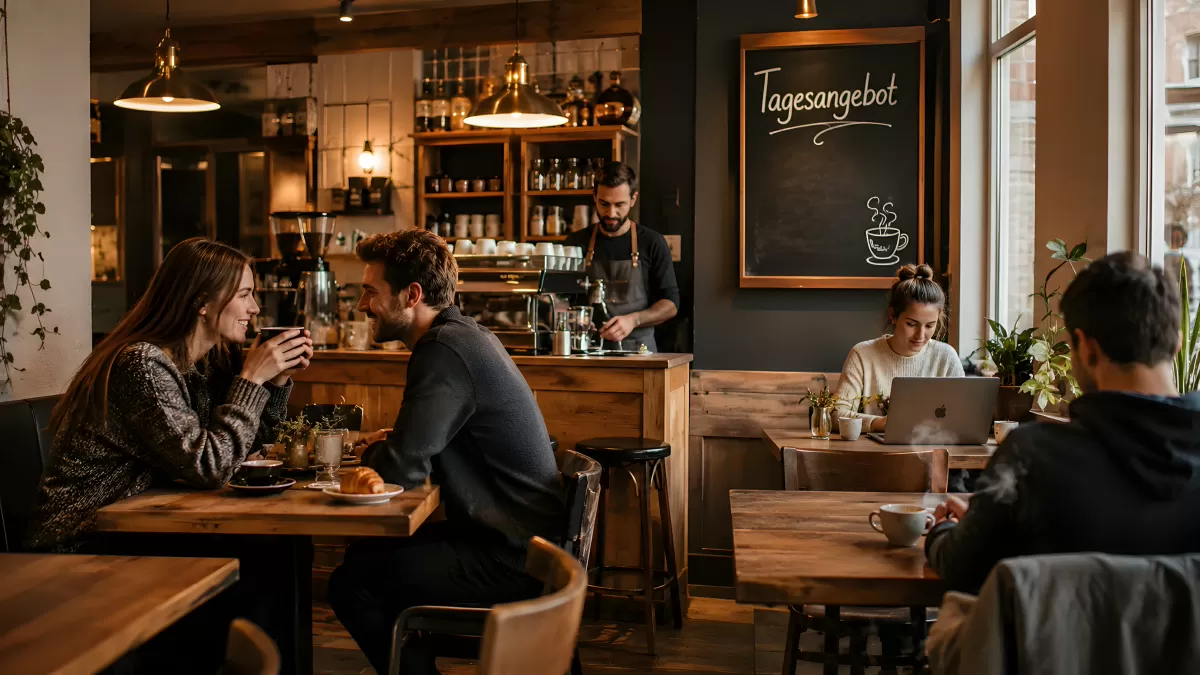 Gemütliches Café mit Gästen und Barista im Hintergrund