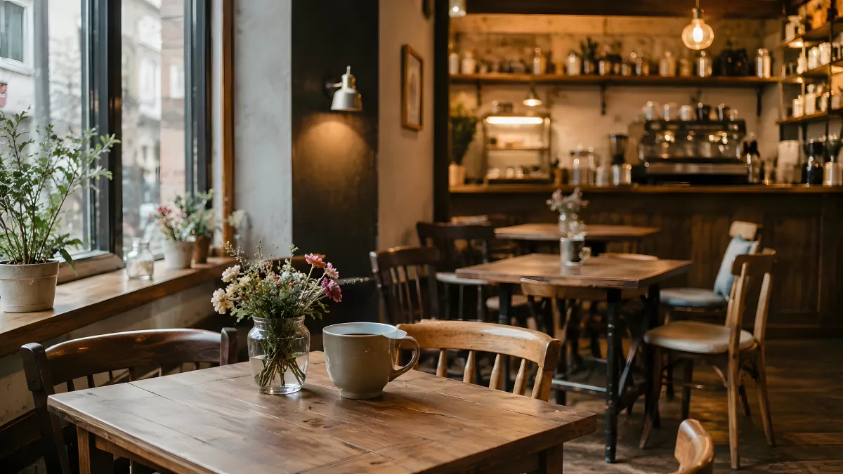 Gemütliches Café mit Holztischen und Blumenstrauß