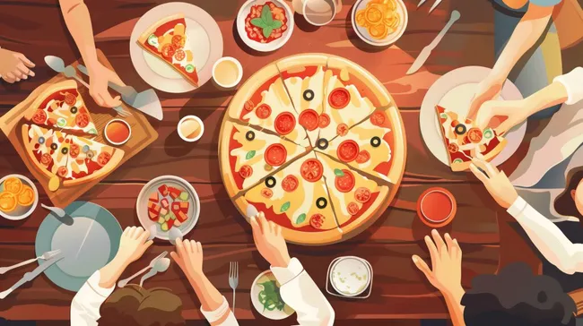 Gemütliches Familienessen mit leckerer Pizza und Salat