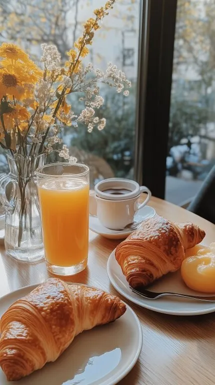 Gemütliches Frühstück am Fenster mit Croissants und Orangensaft