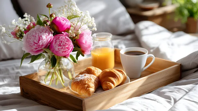 Gemütliches Frühstück im Bett mit Croissants und Blumen