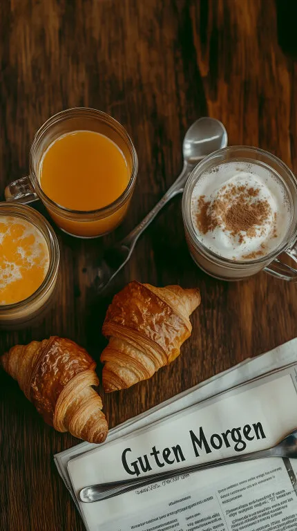 Gemütliches Frühstück mit Croissants, Kaffee und Orangensaft