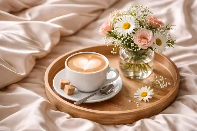 Gemütliches Frühstück mit Kaffee und Blumen