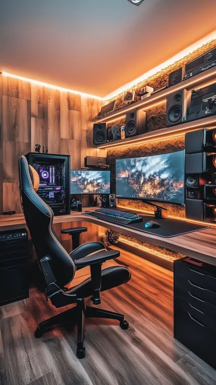 Gemütliches Gaming-Zimmer mit LED-Beleuchtung und dualen Monitoren