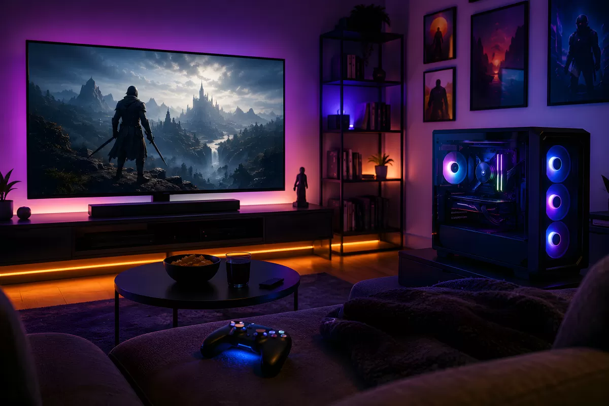 Gemütliches Gaming-Zimmer mit RGB-PC und großem TV