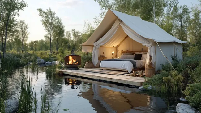 Gemütliches Glamping-Zelt am Fluss mit Feuerstelle und Bett
