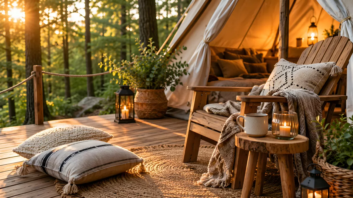 Gemütliches Glamping-Zelt auf Holzdeck im Wald