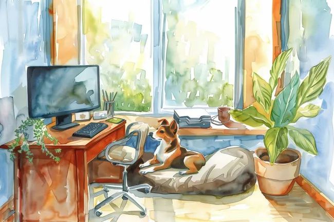 Gemütliches Heimarbeitszimmer mit Hund am Fenster