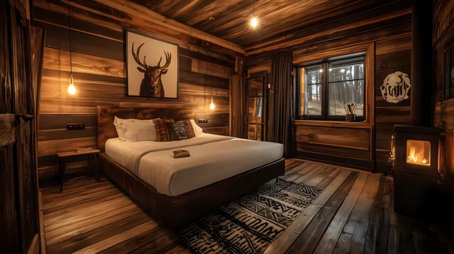 Gemütliches Holzhütten-Schlafzimmer mit Kamin