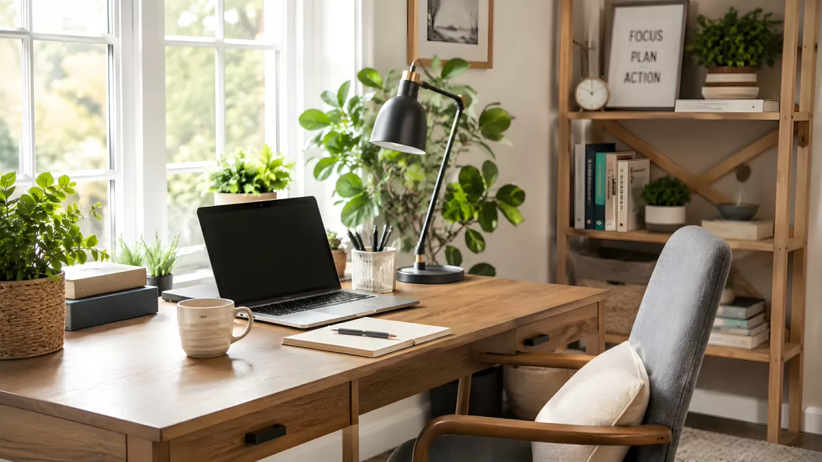 Gemütliches Homeoffice mit Holzschreibtisch und Pflanzen