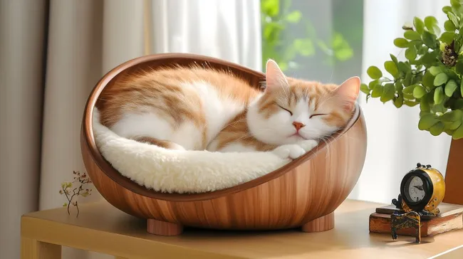 Gemütliches Katzenbett mit schlafender Hauskatze