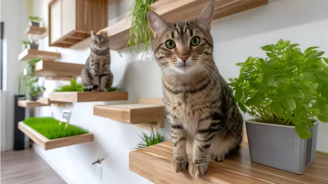 Gemütliches Katzenzimmer mit Grünpflanzen und Regalen