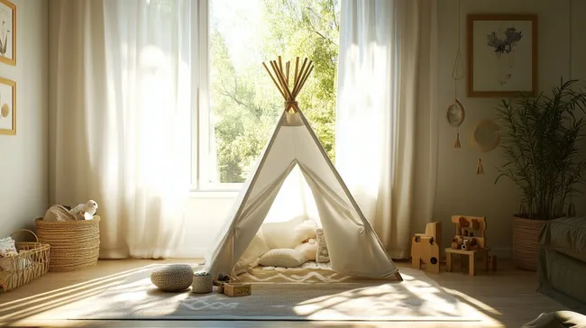 Gemütliches Kinderzimmer mit Tipi-Zelt und Holzspielzeug