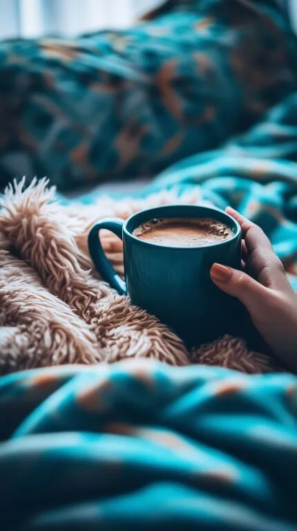 Gemütliches Morgenkaffee-Stillleben mit Fell-Decke